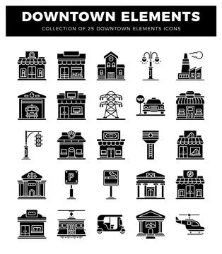 Downtown icon collection with city elements. City buildings and transportat.. Ilustración de archivo