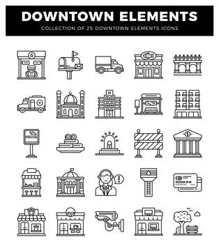 Downtown icon collection with city elements in modern line art Stock Illustration