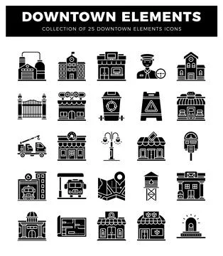 Downtown icon collection with urban elements. Stock Illustration