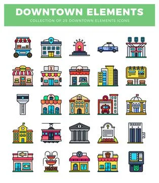 Downtown icon elements displayed as a graphic with flat design Stock Illustration