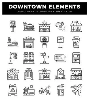 Downtown icon set with urban elements Stock Illustration