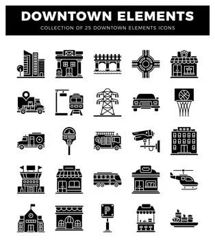 Downtown icons collection with city elements and vehicles. Black and white .. 스톡 일러스트