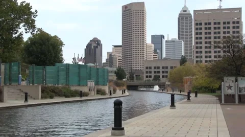 Downtown Indy Canal Area shot outside Indiana State Museum Stock Footage