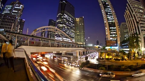 Downtown Intense Traffic Timelapse at Night Stockbeeldmateriaal 98496653