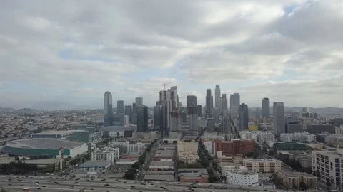 DOWNTOWN LA DRONE HOVER + FLOWING TRAFFIC Stock Footage 98431952