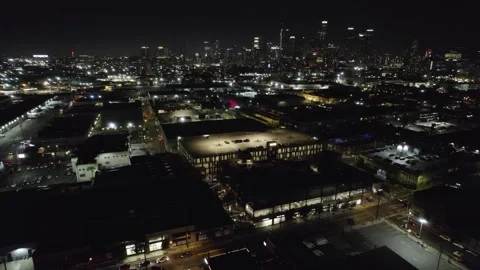 Downtown LA Night Skyline from Sixth Street Viaduct, 4K Stock Footage 202471109