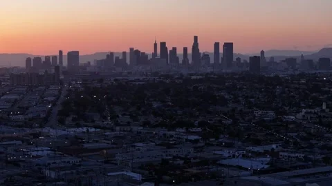 Downtown LA Skyline at Dusk with Deep Pink Orange Gradient Sky Video stock 333518300