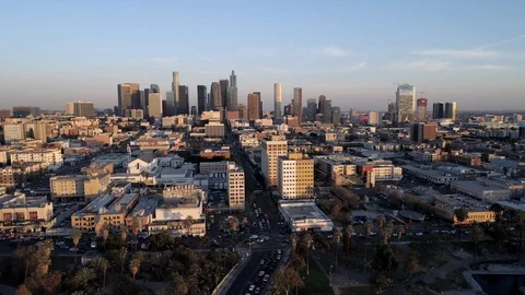 Downtown LA at Sunset by Aerial Drone Stock Footage