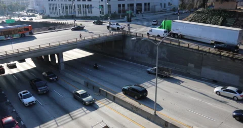 Downtown LA Traffic With Overpass Stock Footage 228688917
