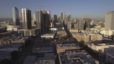 Downtown LA West View Sunset Aerial Forward Reveal Stock Footage