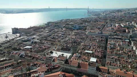 Downtown Lisbon drone flyover Stock Footage 220622390
