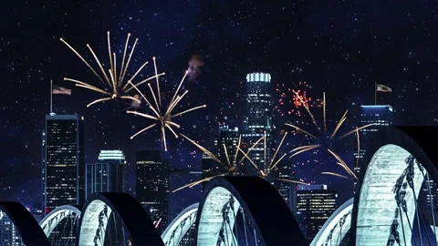 Downtown Los Angeles, 6th Street Bridge, Fireworks 4th Of July Independence Day Stock Footage