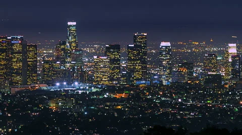 Downtown Los Angeles City Buildings Sunset to Night Time-lapse pan Stock Footage