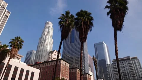 Downtown Los Angeles city buildings skyline on a summer sunny day. LA urban life Stock Footage 131496377