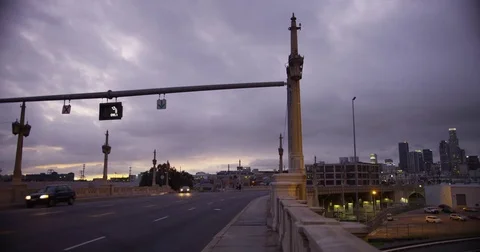Downtown Los Angeles with dramatic clouds during sunset time. Stock Footage 72987172