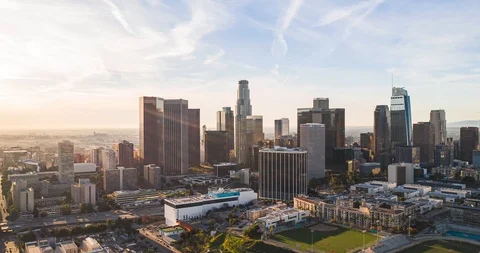 Downtown Los Angeles Drone Hyperlapse with Sunrise Light Rays Time Lapse Video Stock Footage