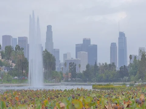 Downtown Los Angeles from Echo Park Morning Gloomy Sunrise 4k 24fps Stock Footage