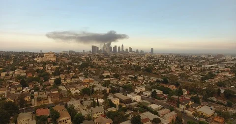 Downtown Los Angeles On Fire // Plumes Of Black Smoke Over Skyline Stock Footage