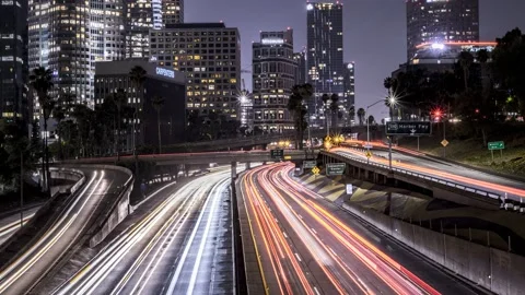 Downtown Los Angeles Freeway Light Trails at Night Time Lapse 库存影片 158330949