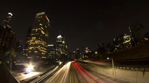Downtown Los Angeles Night Traffic Construction Stock Footage