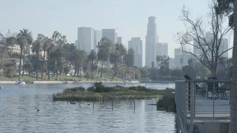 Downtown Los Angeles as seen from Echo Park Stock Footage 101434435