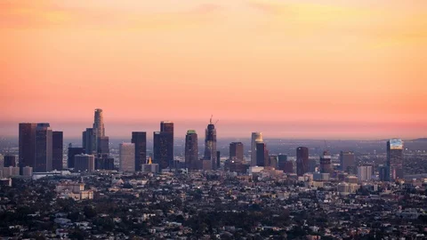 Downtown Los Angeles Skyline Between Day and Night Video stock 90098705