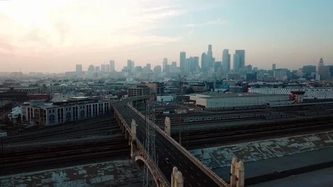 Downtown Los Angeles Skyline Sunset Aerial Stock Footage