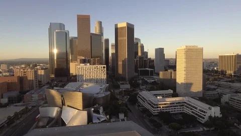 Downtown Los Angeles Sunrise Aerial Dolly Left Stock Footage