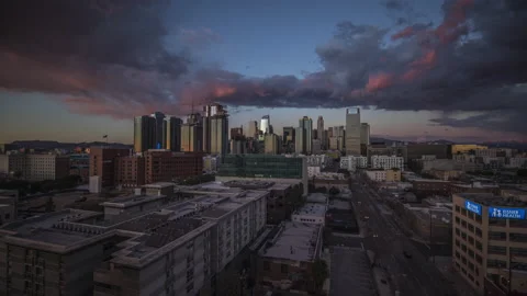 Downtown Los Angeles at Sunset w/ purple clouds, Long Exposure Timelapse 4k Video stock 130981753