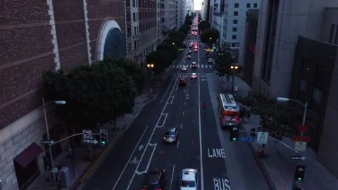 Downtown Los Angeles Traffic Between Buildings Stock Footage 274170733