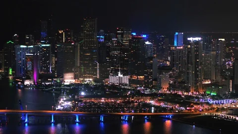 Downtown Miami Beach at Night by Aerial Drone Stock Footage