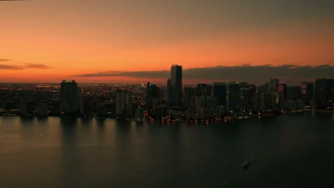 Downtown Miami  Helicopter hover from Biscayne  Bay 4K Stock Footage 239405849