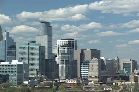 Downtown Minneapolis skyline elevated view pan Stock Footage 124501054