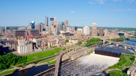 Downtown Minneapolis Skyline, Sunny Day, Aerial Drone Stock Footage