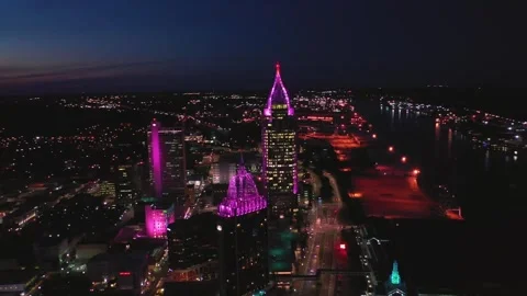 Downtown Mobile Alabama and Mobile River Evening Aerial Drone Flyover Stock Footage 344815672
