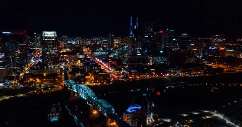 Downtown Nashville Aerial Hyperlapse at Night (4K) Stock Footage