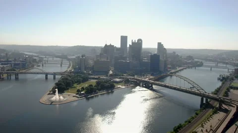Downtown Pittsburg Riverfront 3 Rivers Aerial Drone Stock Footage 239593155