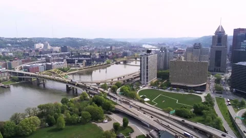 Downtown Pittsburgh Skyline and Riverfront Lawn, 4K Stock Footage 149474077