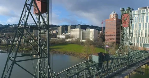 Downtown Portland Oregon in the Spring time with a Hawthorne Bridge Reveal Stock Footage 123734384