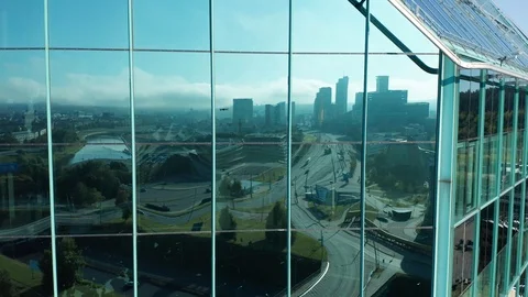 Downtown Reflection in Skyscraper Windows, Aerial View Stock Footage 114313609