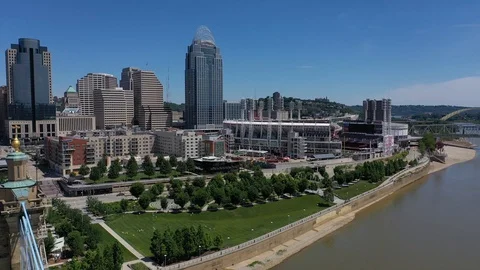 Downtown river front between the stadiums, Cincinnati, Ohio, USA Stock Footage 129206800