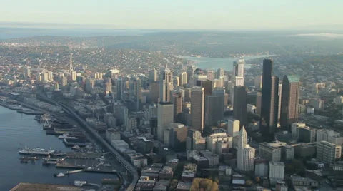 Downtown Seattle and Space Needle at Sunrise - Aerial Stock Footage 34136722