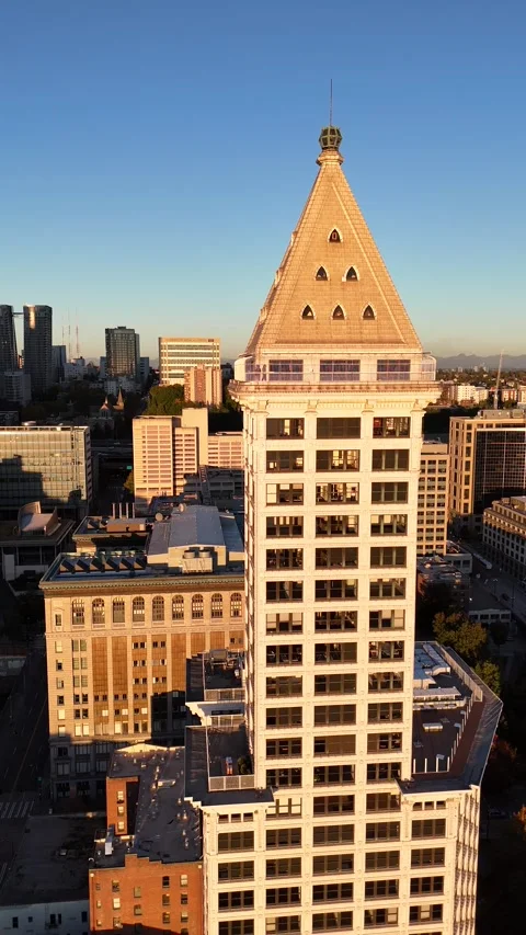 Downtown Seattle: Smith Tower at Sunset Drone Footage 4K Veritcal Video Stock Footage 253816866