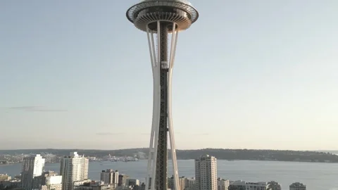 Downtown Seattle: Space Needle Elevator at Sunset Drone Footage 4K Video Stock Footage 253816790