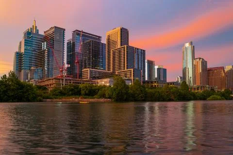 Downtown Skyline of Austin, Texas in USA. Austin Sunset on the Colorado River Stock Photos