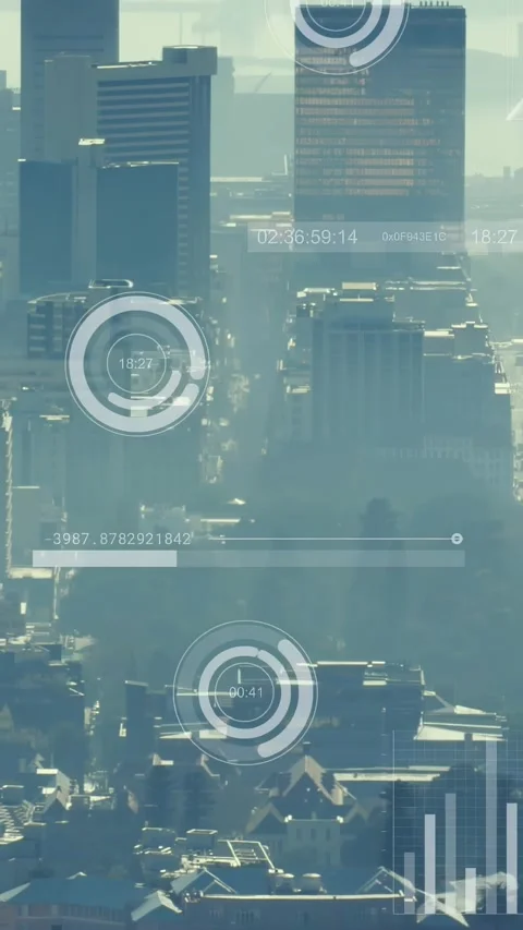 Downtown skyline staying visible, data feed starting, HUD charts rising across Vídeos de archivo 332598484