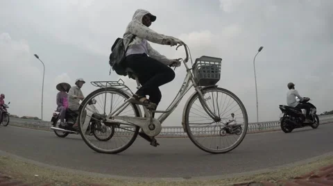 Downtown static low angle road view from sidewalk on a bridge Vietnam Hue 4k Stock Footage 55391172