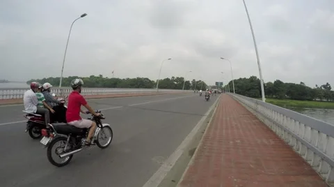 Downtown static road view from sidewalk on a bridge Vietnam Hue traffic 4k Stock Footage 55391138