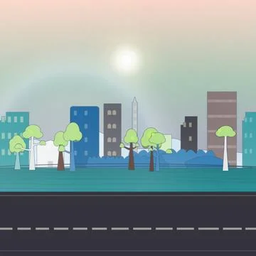 Downtown street backdrop with sunset sky, notched blocks, and merge-zone marking Stock Illustration