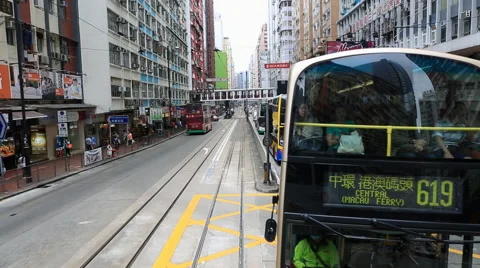 Downtown streets view seen from double decker bus in Hong Kong, China Stock Footage 43689905